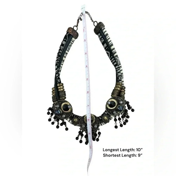 10” Black Beaded Tribal Western Vintage Rhinestone Medallion Necklace - boho - Picture 10 of 10